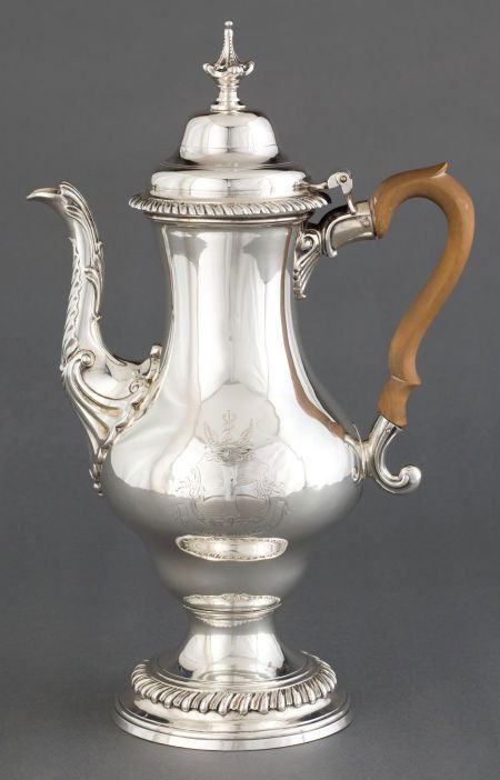 A GEORGE III SILVER COFFEE POT Maker unknown, L: A GEORGE III SILVER COFFEE POT Maker unknown, London, England, circa 1769-1770Mar