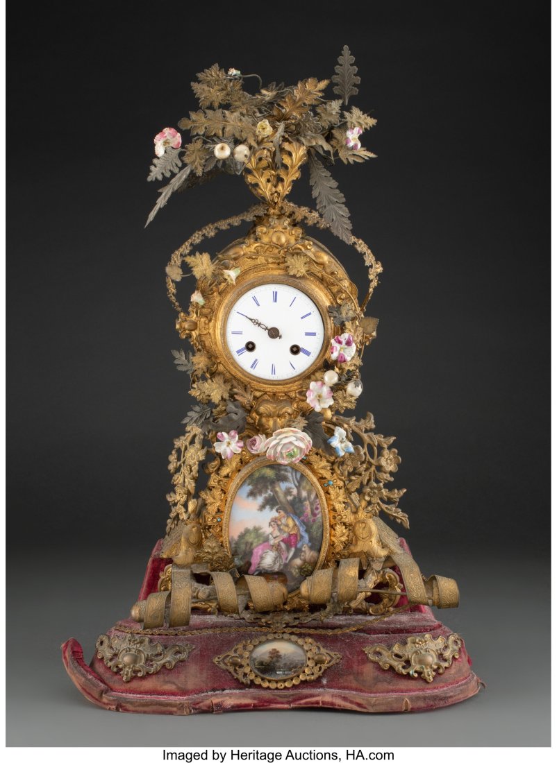 Louis XV Style Porcelain Mounted Mantle Clock, e: Louis XV Style Porcelain Mounted Mantle Clock, early 20th century 19 x 12 x 6 inches (48.3 x 30.5 x 15.2 cm) HID03101062020 &
