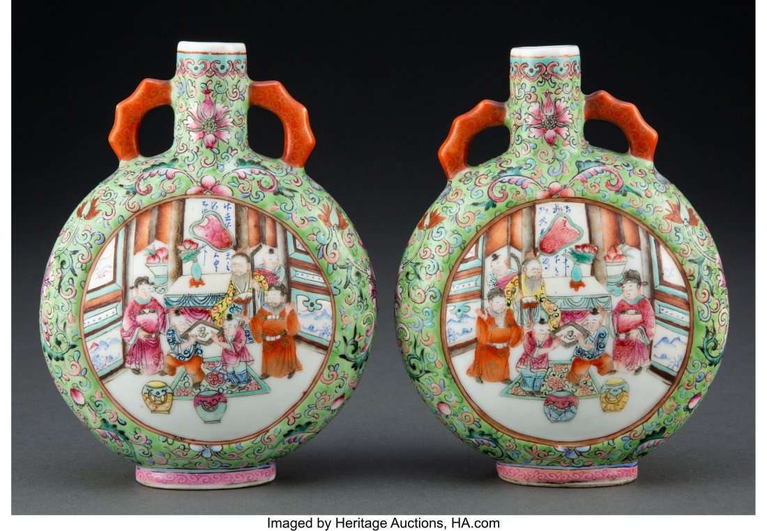Two Chinese Famille Rose Moon Flask Vases, Repub: Two Chinese Famille Rose Moon Flask Vases, Republic Period Marks: six-character Daoguang mark 6-3/4 x 5-1/8 x 2-1/4 inches (17.1 x 13.0 x 5.7 cm)