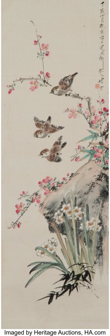Chinese School Sparrows Ink and watercolor on p: Chinese School Sparrows Ink and watercolor on paper scroll 38-1/2 x 13 inches (97.8 x 33.0 cm) (work) 80 x 23-1/2 x 1-1/2 inches (203.2 x 59&p