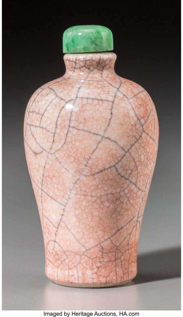 A Chinese Rose Crackle-Glazed Porcelain Baluster: A Chinese Rose Crackle-Glazed Porcelain Baluster Snuff Bottle, Qing Dynasty, 19th century 3-1/2 inches high (8.9 cm) HID03101062020 &NewLi