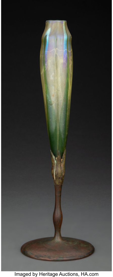 Tiffany Studios Favrile Glass and Patinated Bron: Tiffany Studios Favrile Glass and Patinated Bronze Vase, circa 1910 Marks to bronze: 1576, TIFFANY STUDIOS NEW YORK, TGDCO 11 inches (27.9 cm) &NewLi