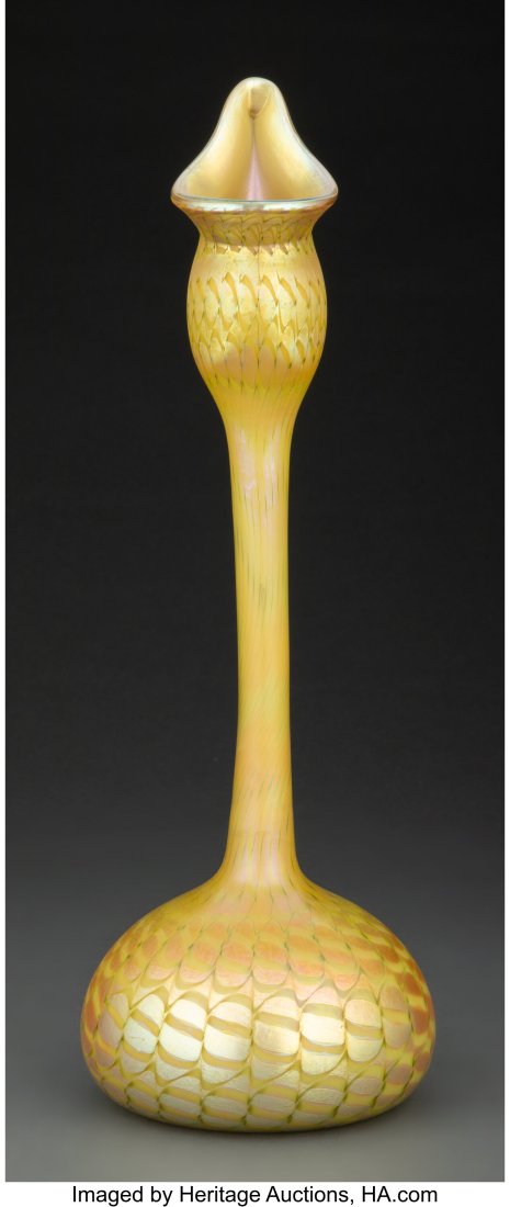 American Decorated Iridescent Glass Gooseneck Va: American Decorated Iridescent Glass Gooseneck Vase Attributed to Quezal, circa 1910 13-3/8 inches (34.0 cm) PROVENANCE: Woody Auction, Douglass, Kansas&com