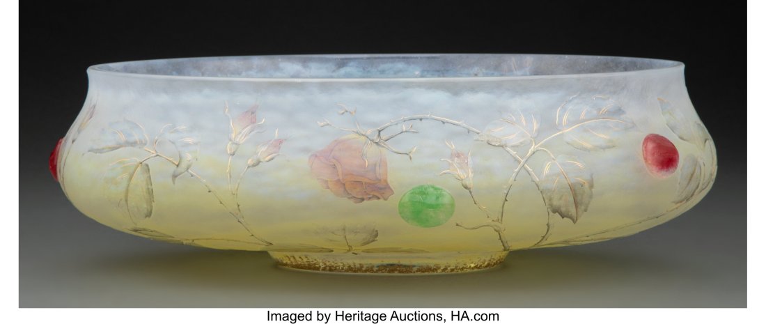 Large Daum Acid-Etched, Partial Gilt, and Enamel: Large Daum Acid-Etched, Partial Gilt, and Enameled Glass Roses Bowl with Applied Decoration, circa 1900 Marks: Daum, (Cross of Lorraine), Nancy 3-3/4