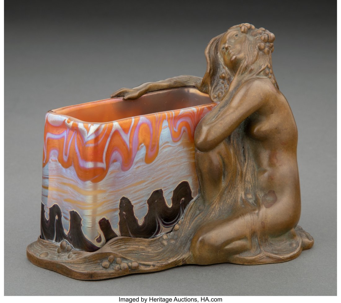 Franz Hofstötter for Loetz Phaenomen Genre 358: Franz Hofstötter for Loetz Phaenomen Genre 358 Glass Vase with Patinated Bronze Art Nouveau Figural Mount, circa 1900 4-1/4 x 5-1/4 x 4 inches (10.8 x 13.3 x 10&p