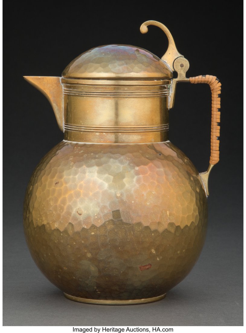 Richard Riemerschmid for F & R Fischer Hammered: Richard Riemerschmid for F & R Fischer Hammered Brass Pitcher, circa 1900 Marks: (two fish in oval), (1J in oval) 7-3/4 x 5-3/4 x 5 inches (19&pe