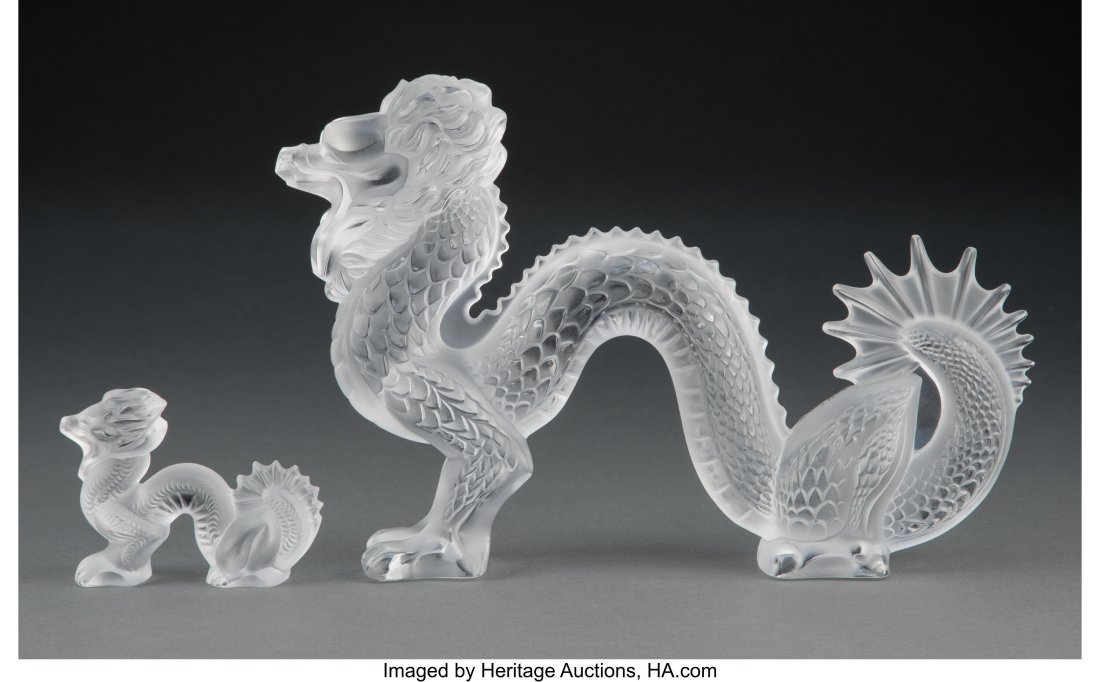 Two Lalique Clear and Frosted Glass Dragons, pos (1 of 4)