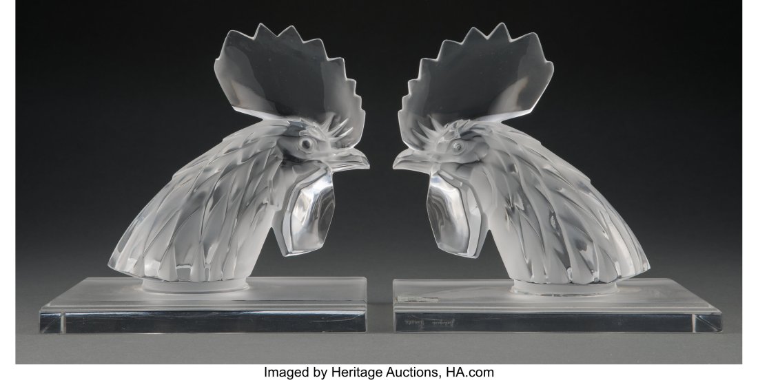 Pair of Lalique Clear and Frosted Glass Tete d'C: Pair of Lalique Clear and Frosted Glass Tete d'Coq Bookends, post-1945 Marks: Lalique France 7-3/4 inches (19.7 cm) (each) HID03101062020 © 2022 Heritag
