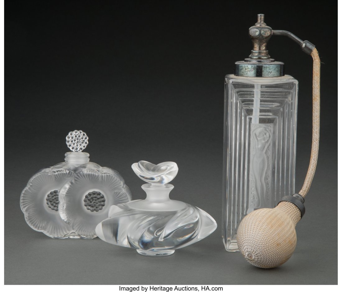 Three Lalique Clear and Frosted Glass Perfumes, : Three Lalique Clear and Frosted Glass Perfumes, post-1945 Marks: Lalique France 7-3/4 inches (19.7 cm) (tallest, Duncan perfume) The lot comprising&col