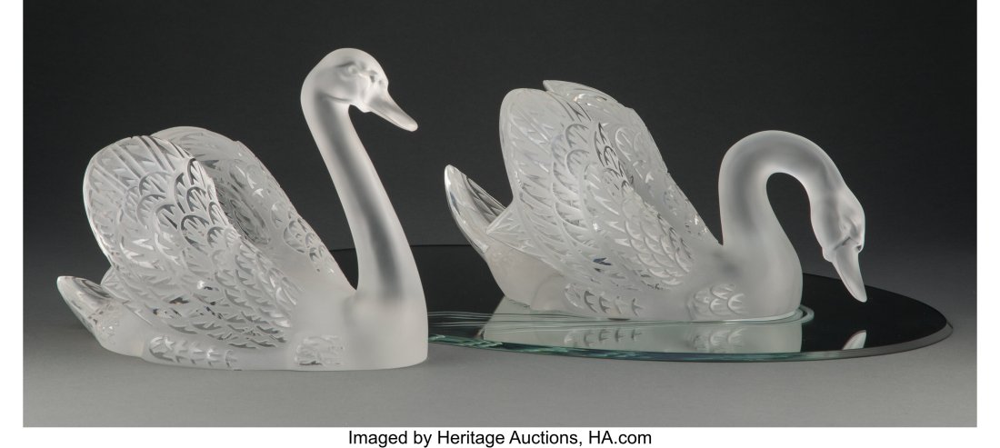 Pair of Lalique Clear and Frosted Glass Cygne Te (1 of 3)