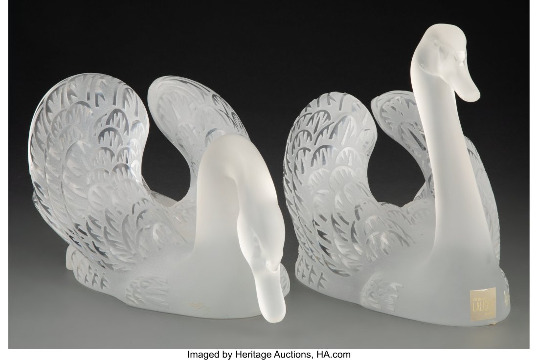 Pair of Lalique Clear and Frosted Glass Cygne Te (1 of 4)