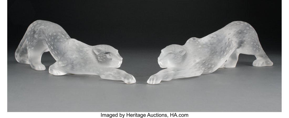 Pair of Lalique Clear and Frosted Glass Zeila P: Pair of Lalique Clear and Frosted Glass Zeila Panthers in Original Fitted Boxes, post-1945 Marks: Lalique France 579 4-1/4 x 14-1/2 x 2-3/4 inches (10.8 x 36&period