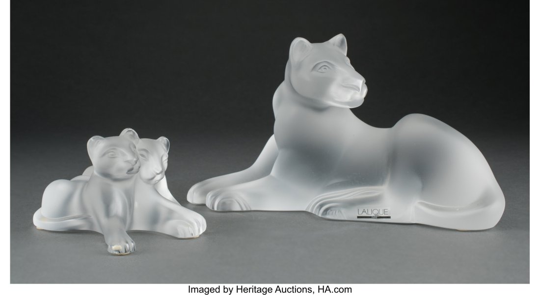 LALIQUE フロストガラス ライオン Lot - LALIQUE FROSTED GLASS LION FAMILY