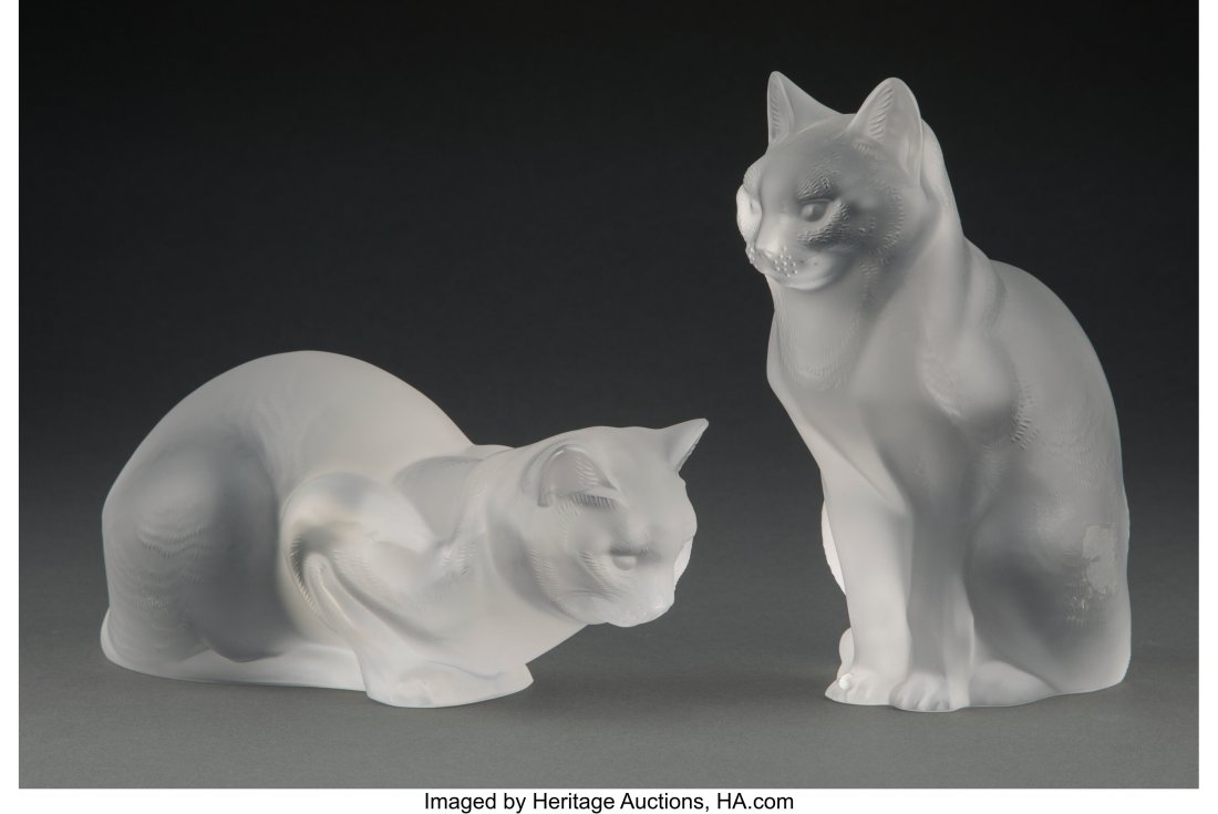Two Lalique Clear and Frosted Glass Cat Figures,: Two Lalique Clear and Frosted Glass Cat Figures, post-1945 Marks: Lalique France 8-1/4 inches (21.0 cm) (tallest) HID03101062020 © 2022 Heritage Auction