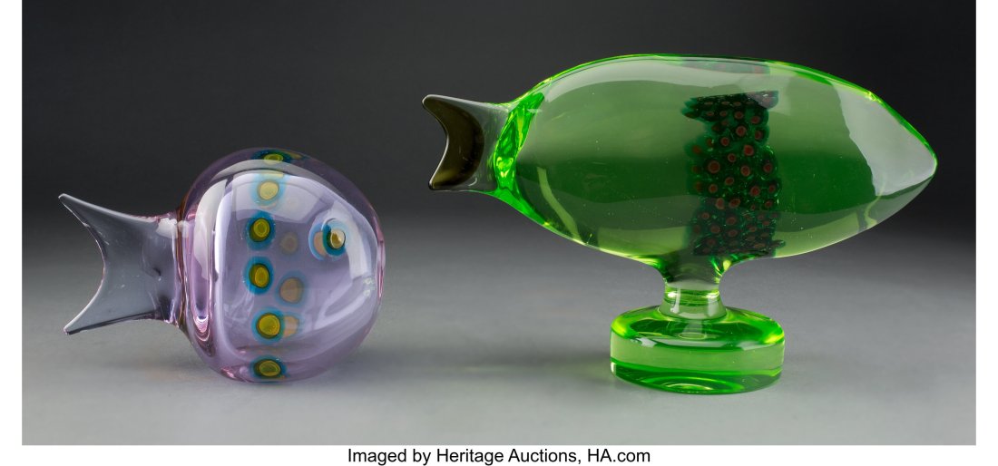 Antonio da Ros (Italian, 1936-2012) Two Rare Pes: Antonio da Ros (Italian, 1936-2012) Two Rare Pesce con Murrine, 1966, Vetreria Gino Cenedese Murrine glass 7 x 11 x 3-3/4 inches (17.8 x 27.9 x 9&per