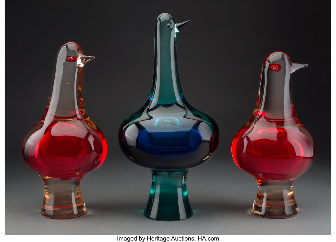 Antonio da Ros (Italian, 1936-2012) Three Gallin: Antonio da Ros (Italian, 1936-2012) Three Gallina Rissosa Ciarliera, 1963, Vetreria Gino Cenedese Sommerso glass 14-1/2 x 7-3/4 x 5-3/4 inches (36.8