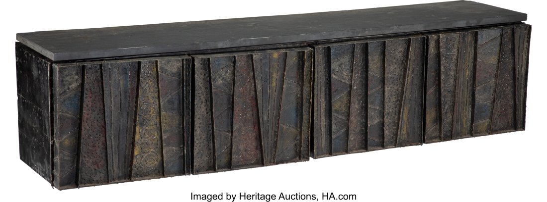 Paul Evans (American, 1927-1993) 'Deep Relief' C: Paul Evans (American, 1927-1993) 'Deep Relief' Credenza, 1967 Brushed polychrome steel, slate, chromed nickel, wood 33 x 72 x 17 inches (83.8 x 182.9 x 43.2 cm) Inscribed underside left door: Paul Eva