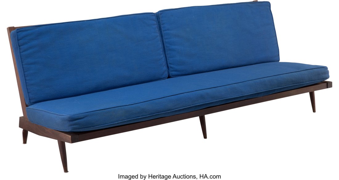 George Nakashima (American, 1905-1990) Settee, 1: George Nakashima (American, 1905-1990) Settee, 1964 American black walnut, upholstery 30 x 83 x 31 inches (76.2 x 210.8 x 78.7 cm) PROVENANCE