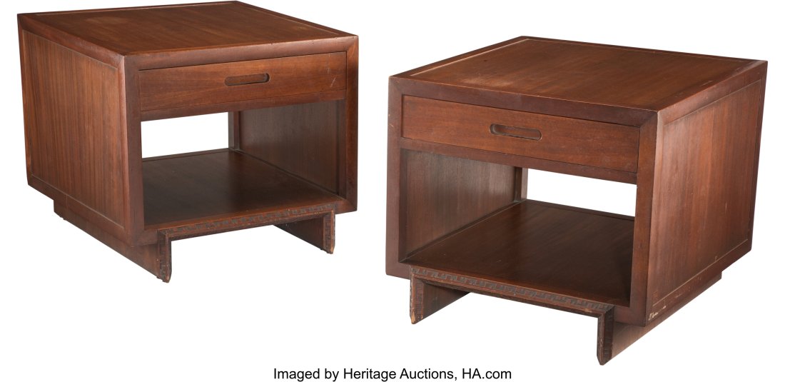 Frank Lloyd Wright (American, 1867-1959) A Pair: Frank Lloyd Wright (American, 1867-1959) A Pair of 'Taliesin' Single Drawer Side Tables, 1955, Heritage Henredon Mahogany 23 x 26 x 27 inches (58.4 x 66.
