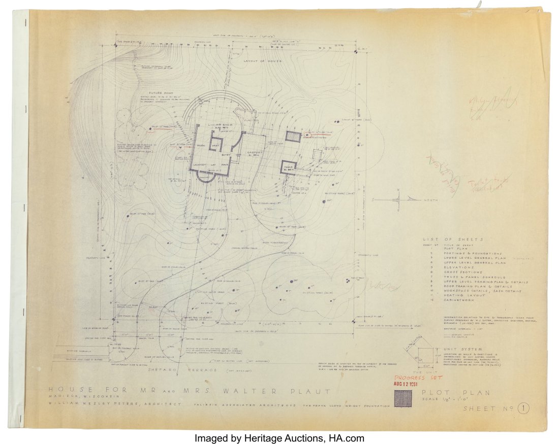 William Wesley Peters and The Frank Lloyd Wright: William Wesley Peters and The Frank Lloyd Wright Foundation Plans for the Mr. and Mrs. Walter Plaut House, Madison Wisconsin (thirteen works), 1961 Diazotypes with
