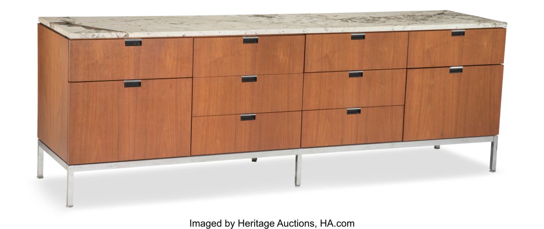 Florence Schust Knoll (American, 1917-2019) Four: Florence Schust Knoll (American, 1917-2019) Four Position Credenza, designed 1961 Carrera marble, mahogany veneer, polished chrome 25-1/2 x 74-3/4 x 18 inches