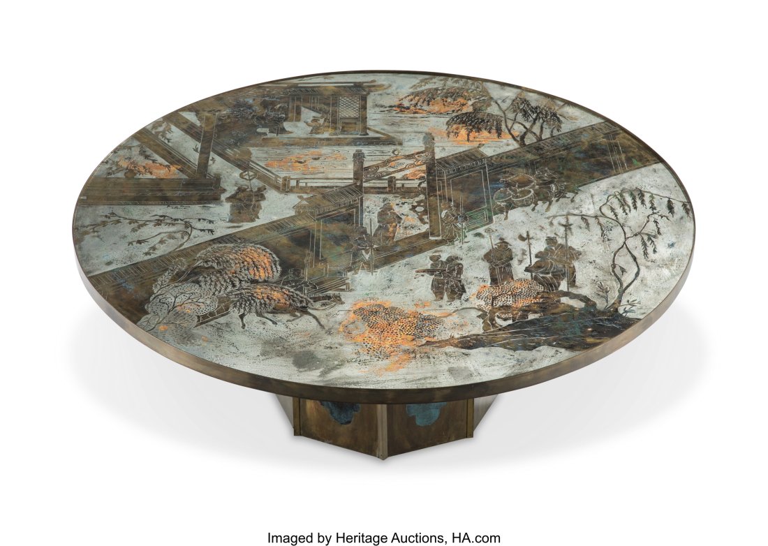 Philip LaVerne (American, 1907-1987) & Kelvin La: Philip LaVerne (American, 1907-1987) & Kelvin LaVerne (American, b. 1936) Chan Coffee Table, circa 1960 Acid-etched and enameled patinated brass,