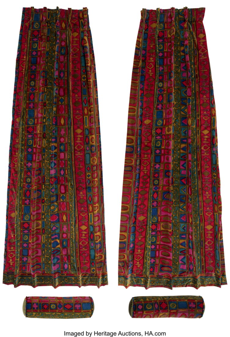 Jack Lenor Larsen (American, 1927-2020) Pair of: Jack Lenor Larsen (American, 1927-2020) Pair of Custom Patterned Drapes with Two Lumbar Pillows Velvet 96 x 48 inches (243.8 x 121.9 cm) (drapes) 22 x