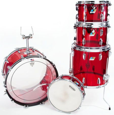 1970s Ludwig Red Vistalite 5-Piece Drum Set: 1970s Ludwig Red Vistalite 5-Piece Drum Set 22" kick drum (serial # 1797030). 16" floor t