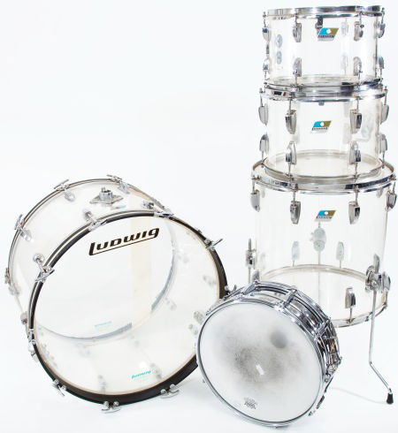 1970s Ludwig Clear Vistalite 5-Piece Drum Set: 1970s Ludwig Clear Vistalite 5-Piece Drum Set 22" kick drum (serial # 1046837). 16" floor
