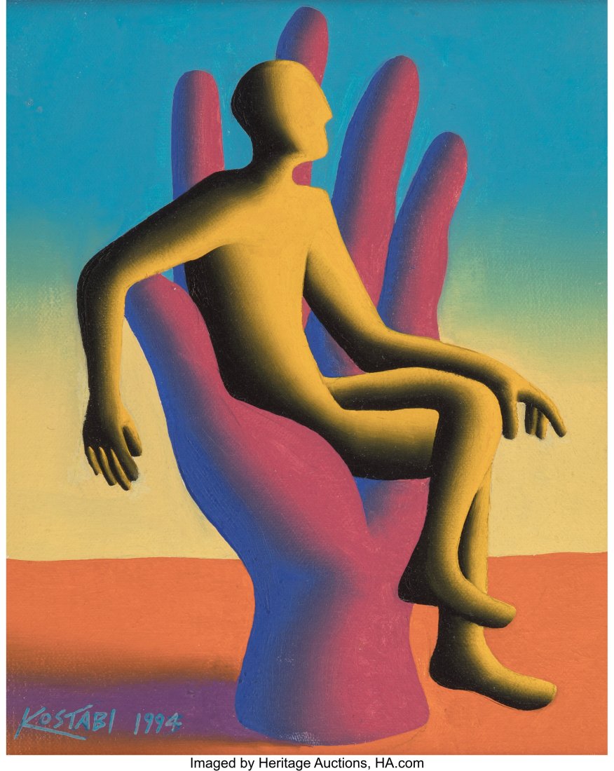 Mark Kostabi (b. 1960) Desert Hand Job, 1994 Oil: Mark Kostabi (b. 1960) Desert Hand Job, 1994 Oil on canvas 10 x 8 inches (25.4 x 20.3 cm) Signed and dated lower left: Kostabi 1994 Signed, t