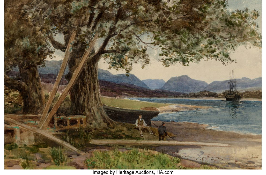 George Gray (British, Late 19th/Early 20th Centu: George Gray (British, Late 19th/Early 20th Century) Boy fishing from a stream Watercolor on paper 14 x 19-3/4 inches (35.6 x 50.2 cm) (sight)