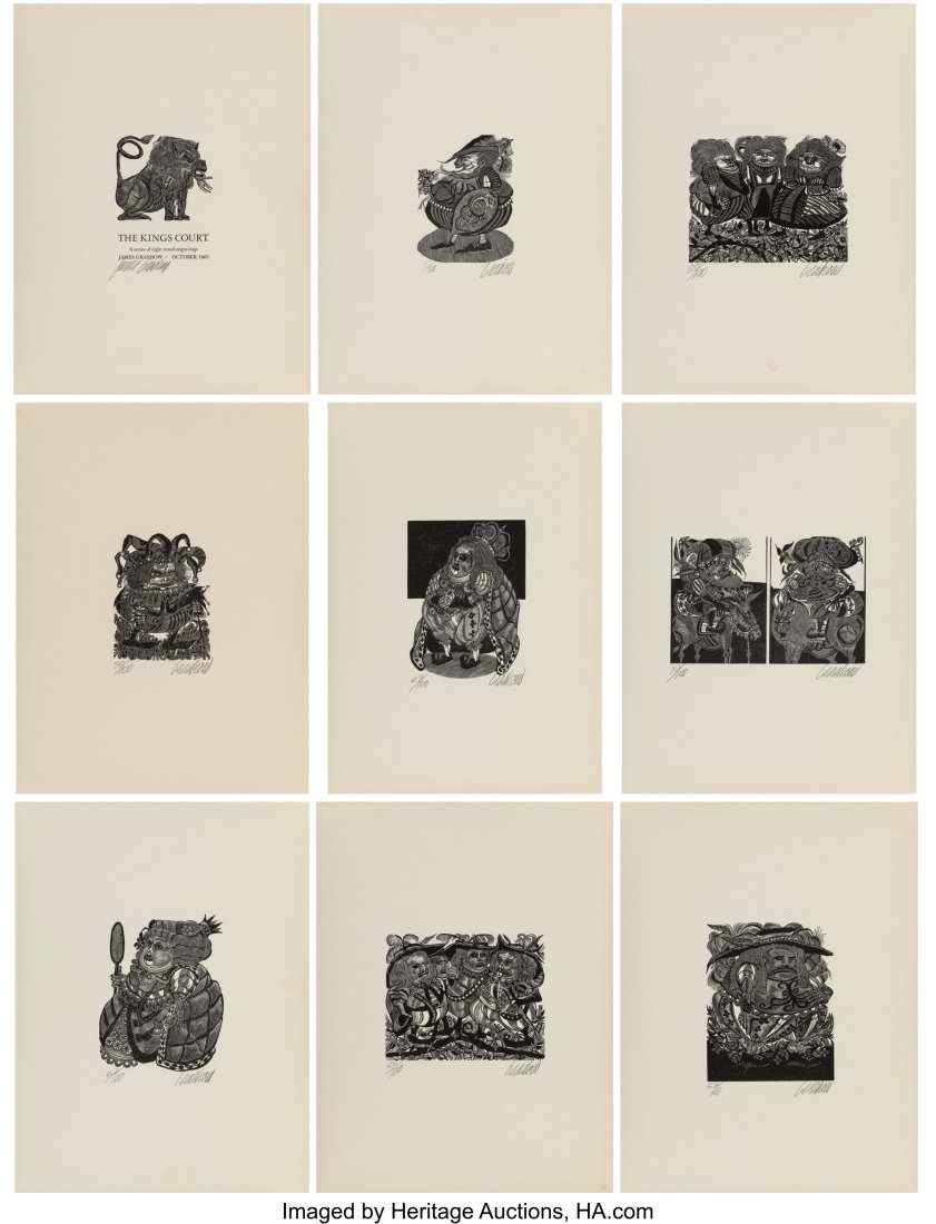James Grashow (American, 1942) The Kings Court c: James Grashow (American, 1942) The Kings Court complete portfolio, 1965 Woodcuts on paper 9-1/2 x 12-1/2 inches (24.1 x 31.8 cm) (sheet&comma