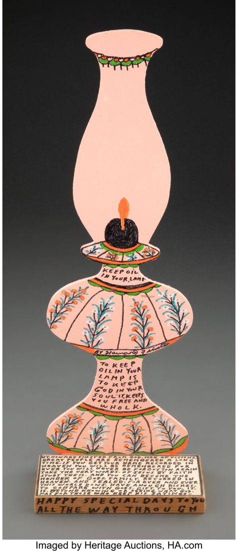 Howard Finster (American, 1916-2001) Keep Oil in: Howard Finster (American, 1916-2001) Keep Oil in your Lamp, 1993 Mixed media on panel 19-1/4 x 6-3/4 x 3-1/2 inches (48.9 x 17.1 x 8.9 cm&rp