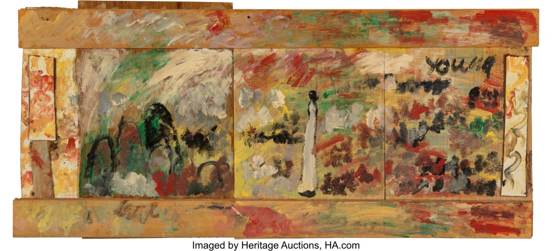 Purvis Young (American, 1943-2010) Untitled mixe: Purvis Young (American, 1943-2010) Untitled mixed media on panel 19 x 42 inches (48.3 x 106.7 cm) Signed upper right: Young Property from The Larry T&peri