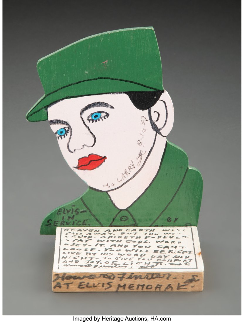 Howard Finster (American, 1916-2001) Elvis in Se: Howard Finster (American, 1916-2001) Elvis in Service, 1997 Mixed media on panel 8-1/2 x 5-5/8 x 3-5/8 inches (21.6 x 14.3 x 9.2 cm) Ti