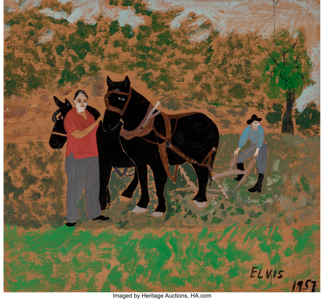Howard Finster (American, 1916-2001) Elvis, 1957: Howard Finster (American, 1916-2001) Elvis, 1957 Oil on panel 11-1/8 x 12-1/2 inches (28.3 x 31.8 cm) Dated and titled lower right: Elvis &s