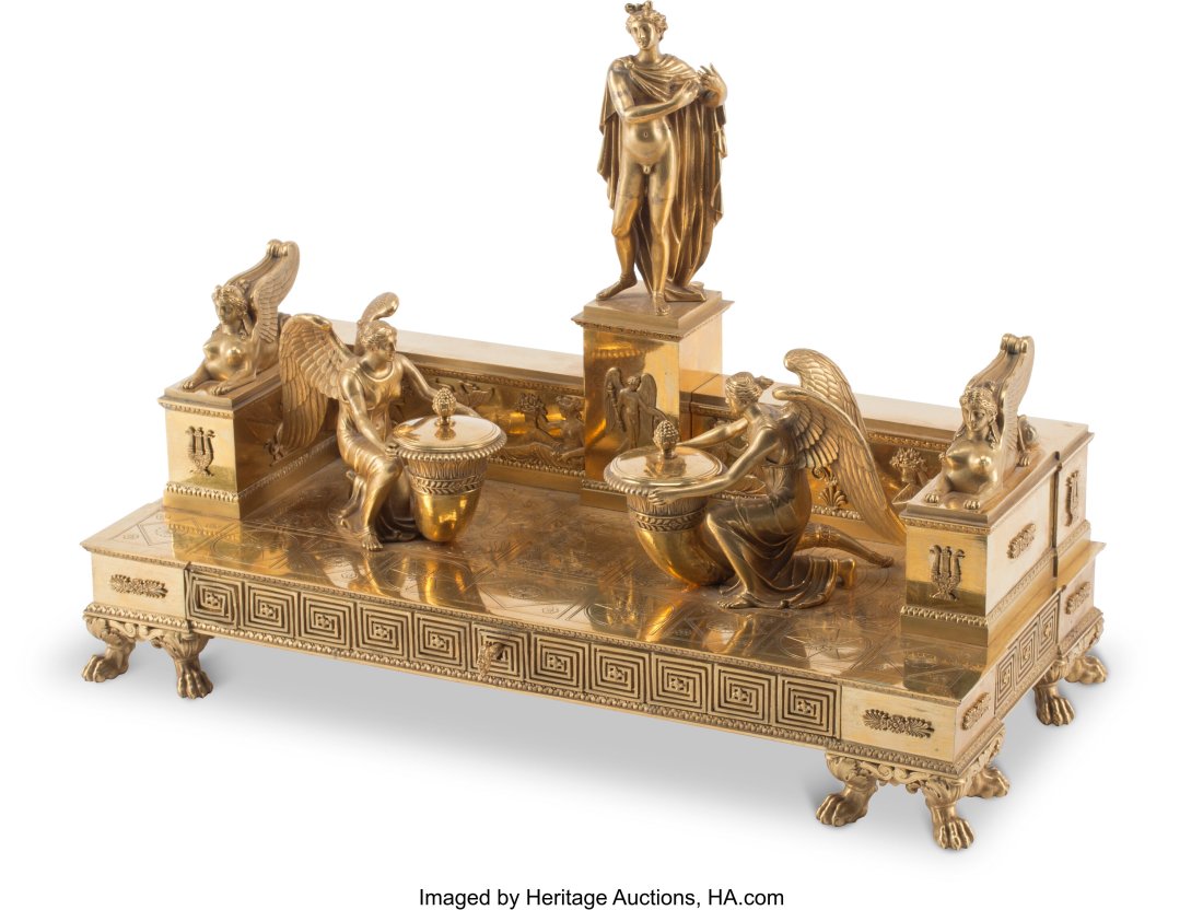 A Fine French Empire Gilt Bronze Writing Stand A: A Fine French Empire Gilt Bronze Writing Stand After Pierre-Paul Prud'Hon, early 19th century 12-1/2 x 17-1/2 x 8 inches (31.8 x 44.5 x 20.3 cm) HID0310106