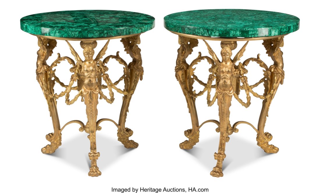 A Pair of Baroque-Style Gilt Bronze Figural Tabl: A Pair of Baroque-Style Gilt Bronze Figural Tables with Malachite Tops 30-1/2 x 28-1/2 inches (77.5 x 72.4 cm) (each) HID03101062020 Â© 2022 Heritage Auctions | All Rights Reserved