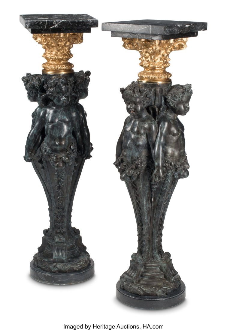 A Pair of Renaissance-Revival Patinated and Gilt: A Pair of Renaissance-Revival Patinated and Gilt Bronze Figural Pedestals 55 x 14-1/2 x 14-1/2 inches (139.7 x 36.8 x 36.8 cm) (each) HID03101062020 &c