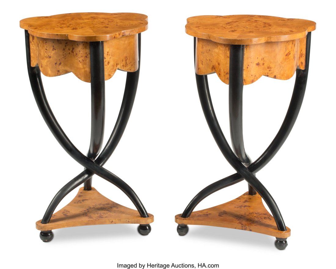 A Pair of Biedermeier-Style Partial Gilt Ebonize: A Pair of Biedermeier-Style Partial Gilt Ebonized Bird's Eye Maple Side Tables 28-1/2 x 17-1/2 x 17-1/2 inches (72.4 x 44.5 x 44.5 cm) (each) HID03