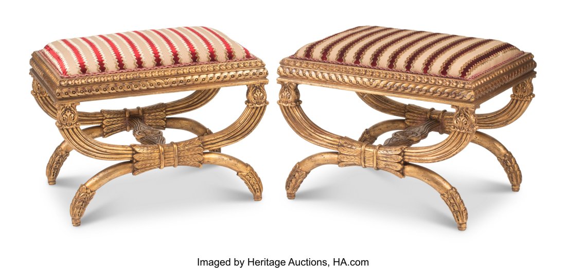 A Pair of French Regence-Style Carved Giltwood V: A Pair of French Regence-Style Carved Giltwood Velvet Upholstered Benches 20 x 26 x 19 inches (50.8 x 66.0 x 48.3 cm) (each) HID03101062020 © 2022 Heritag