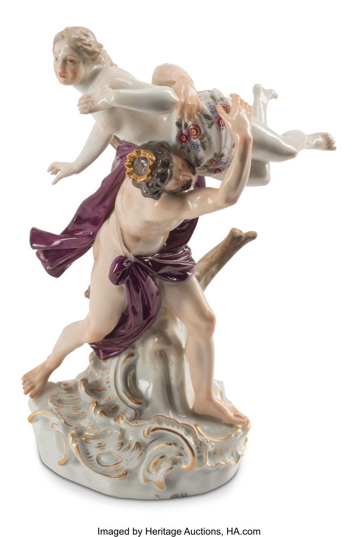 A Meissen Porcelain Figural Group: Hades and Per: A Meissen Porcelain Figural Group: Hades and Persephone, 19th century Marks: (blue crossed swords) 10 x 6 x 4 inches (25.4 x 15.2 x 10.2 cm) 