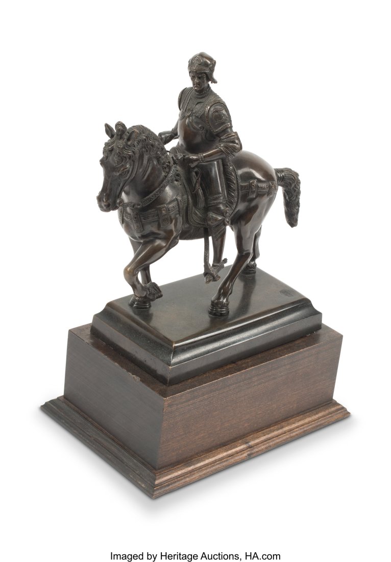 A Patinated Bronze Sculpture on Wood Base: Maxim: A Patinated Bronze Sculpture on Wood Base: Maximilian Mounted on Horseback Marks: BRONZE GARANTI 13 x 6 x 8-1/2 inches (33.0 x 15.2 x 21.6 cm) HID0310106