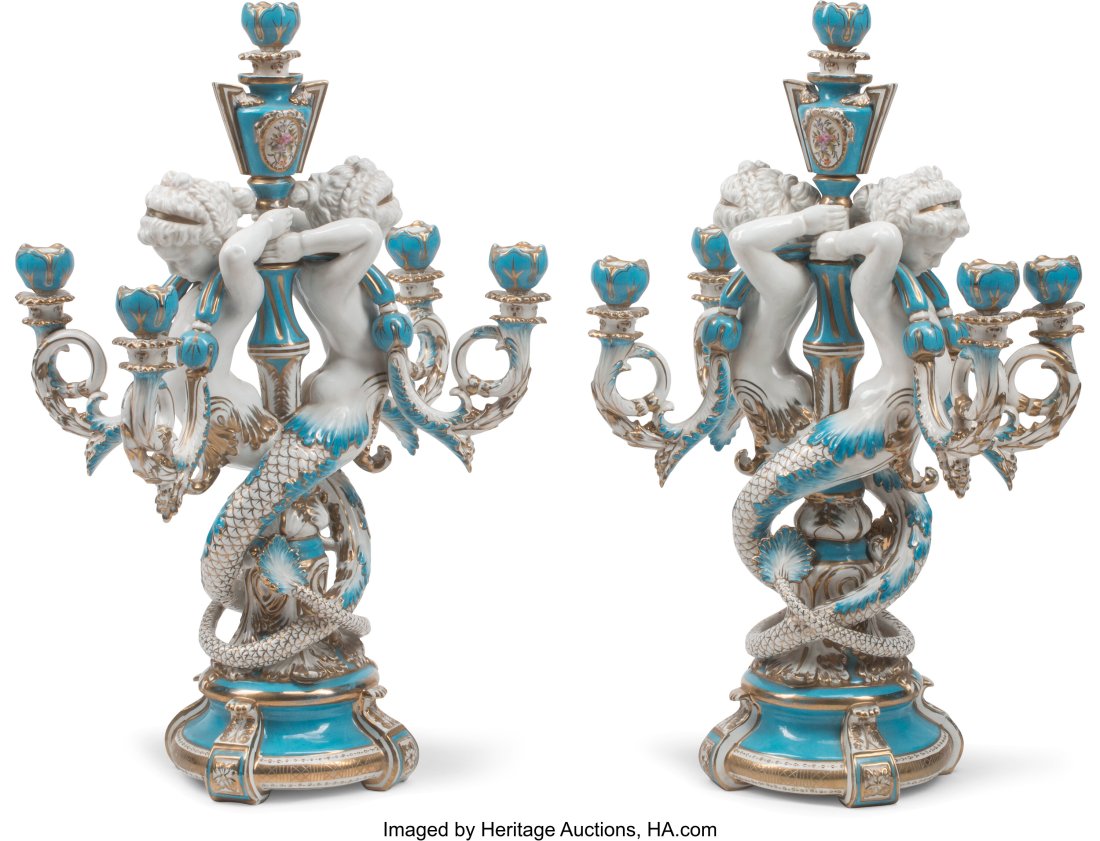 A Pair of Figural Porcelain Five-Light Candelabr: A Pair of Figural Porcelain Five-Light Candelabra 25 x 15 x 10 inches (63.5 x 38.1 x 25.4 cm) (each) HID03101062020 © 2022 Heritage Auctions | All Ri