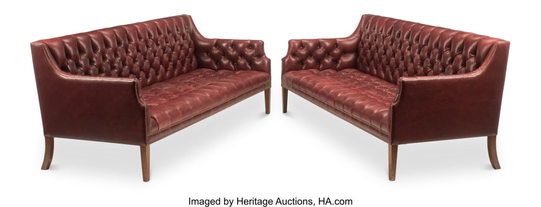 A Pair of Sheraton-Style Tufted Leather Settees : A Pair of Sheraton-Style Tufted Leather Settees 33 x 83-1/2 x 31 inches (83.8 x 212.1 x 78.7 cm) (each) HID03101062020 © 2022 Heritage Auctions |