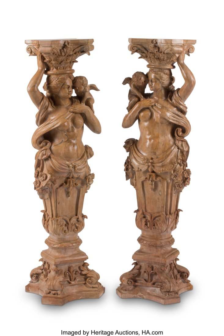 A Pair of Renaissance-Revival Sienna Marble Figu: A Pair of Renaissance-Revival Sienna Marble Figural Pedestals 43-1/2 x 13 x 10 inches (110.5 x 33.0 x 25.4 cm) (each) HID03101062020 © 2022 Heritage A