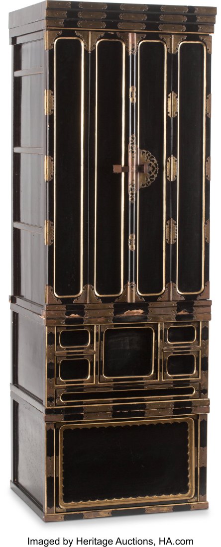 A Japanese Gilt and Lacquered Three-Part Cabinet: A Japanese Gilt and Lacquered Three-Part Cabinet with Bronze Figure, Meiji Period 76-1/2 x 26-1/2 x 22-1/2 inches (194.3 x 67.3 x 57.2 cm) HID031010620