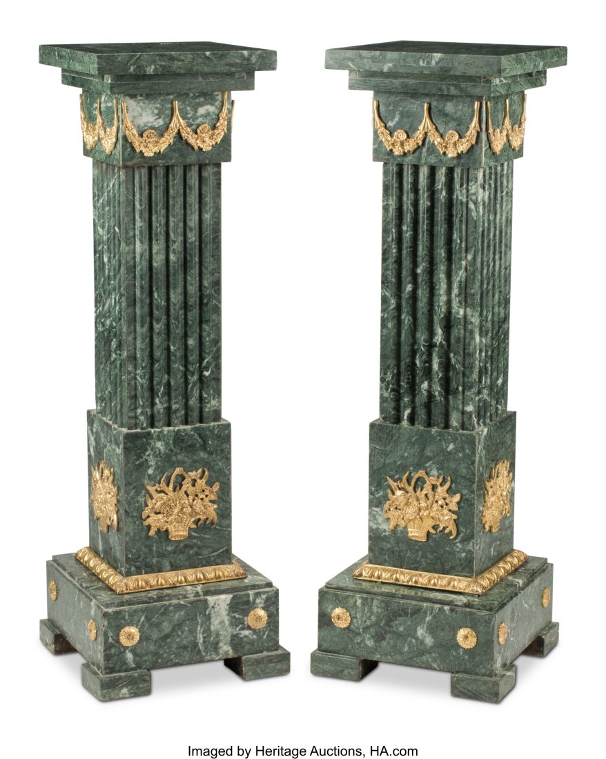 A Pair of Neoclassical Gilt Bronze-Mounted Flute: A Pair of Neoclassical Gilt Bronze-Mounted Fluted Marble Pedestals 46 x 15 x 15 inches (116.8 x 38.1 x 38.1 cm) (each) HID03101062020 © 2022 Heritage Auct