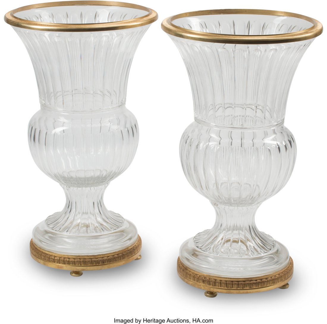 A Pair of Large Baccarat-Style Gilt Bronze-Mount: A Pair of Large Baccarat-Style Gilt Bronze-Mounted Cut Glass Urns 31 x 18-1/2 inches (78.7 x 47.0 cm) (each) HID03101062020 © 2022 Heritage Auctions | A