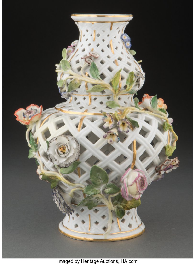 A Meissen Partial Gilt Reticulated Porcelain Vas: A Meissen Partial Gilt Reticulated Porcelain Vase, late 19th century Marks: (blue crossed swords), 137 10-1/2 x 8 inches (26.7 x 20.3 cm) Proper